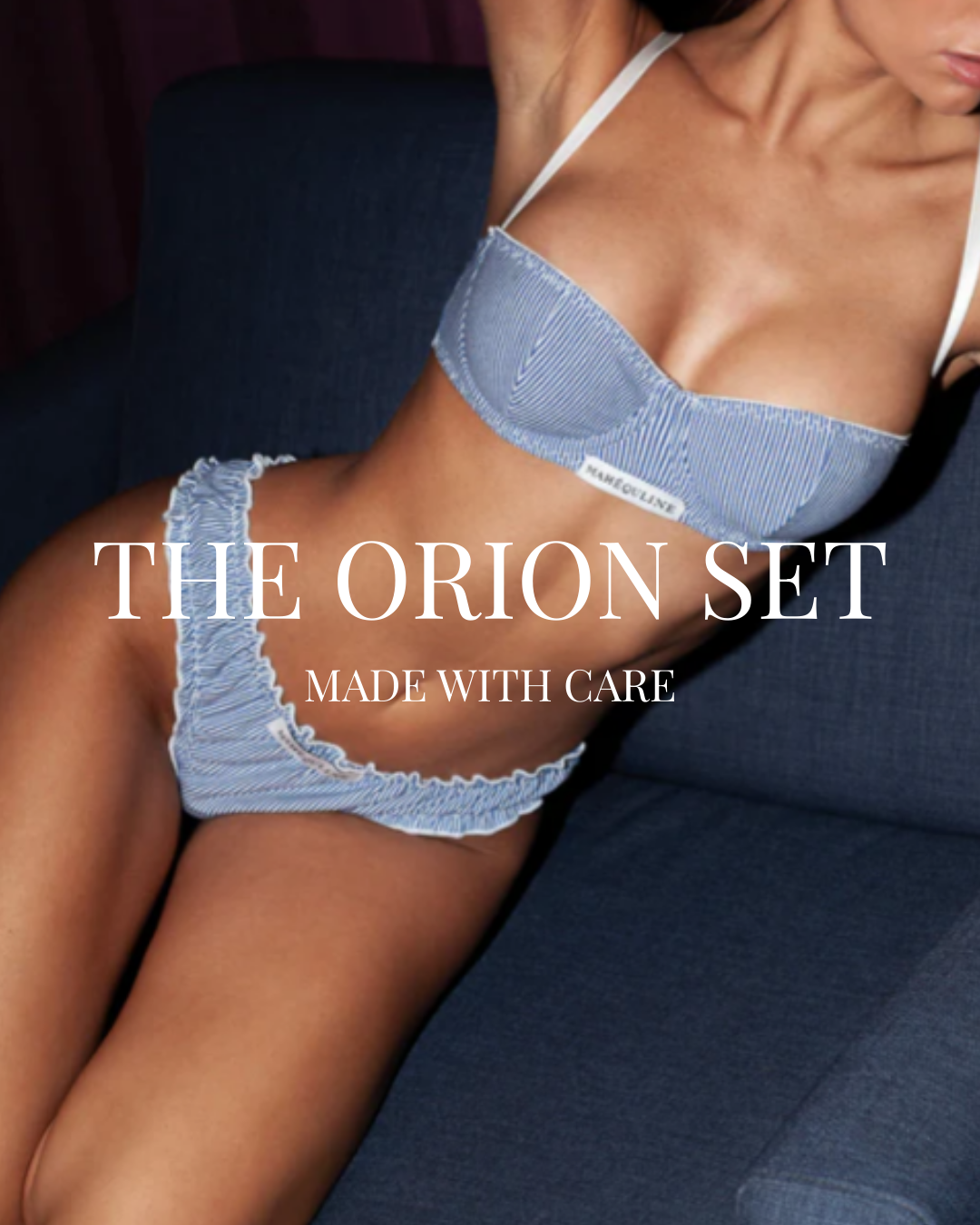 Blue cotton bra and panty set by Mahequline on model, a high quality and comfortable underwear set for women inspired by classic lingerie design